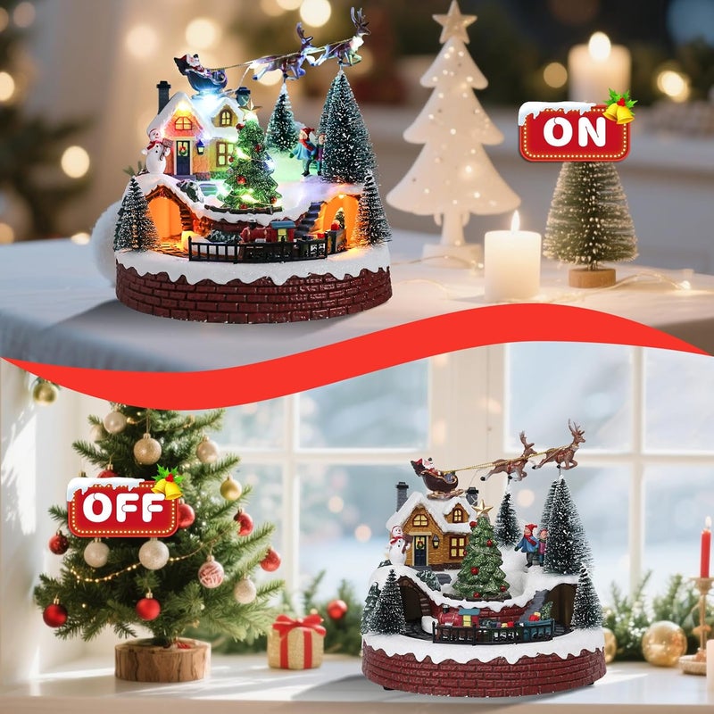 Vipush Christmas Village House Decorations Resin Train Set with Flying Santa Home Decor Indoor Building Figurines Revolving Train with LED Light and 8 Christmas Music for Kids - Image 2